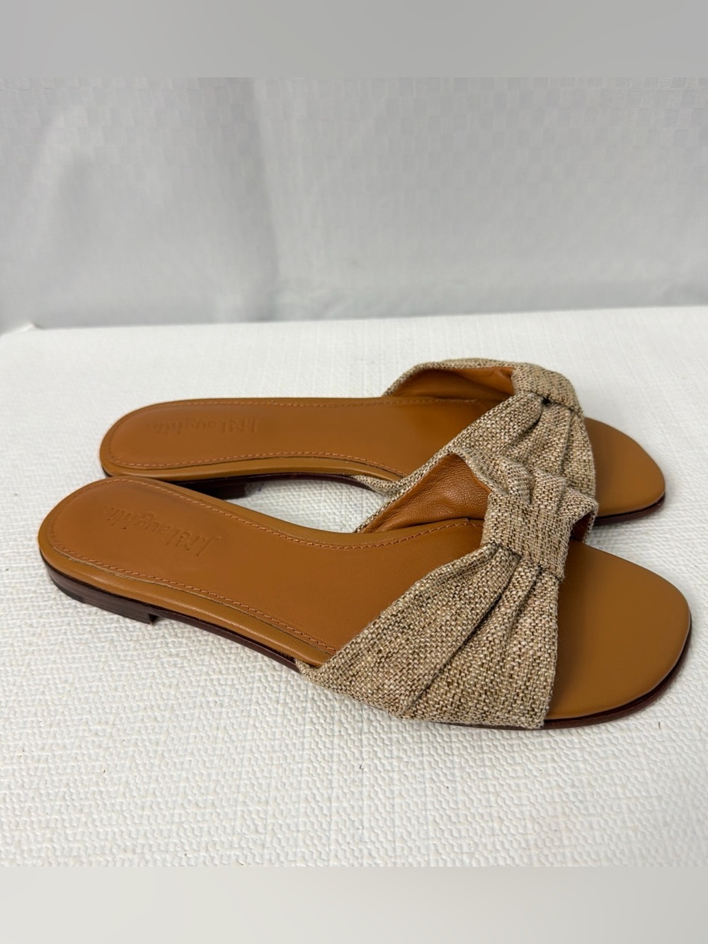 J. McLaughlin Karina Linen Sandals Natural Bow Flats Women’s Size 6.5 Brown